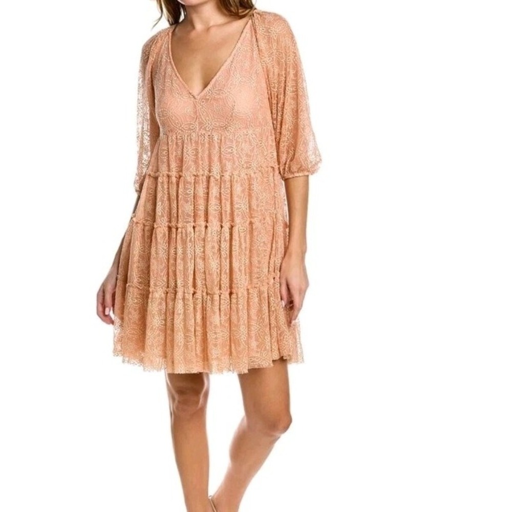 Johnny Was JADE Peach Lace Tiered Mini Dress V-Neck Puff Sleeve L32922-Z Small